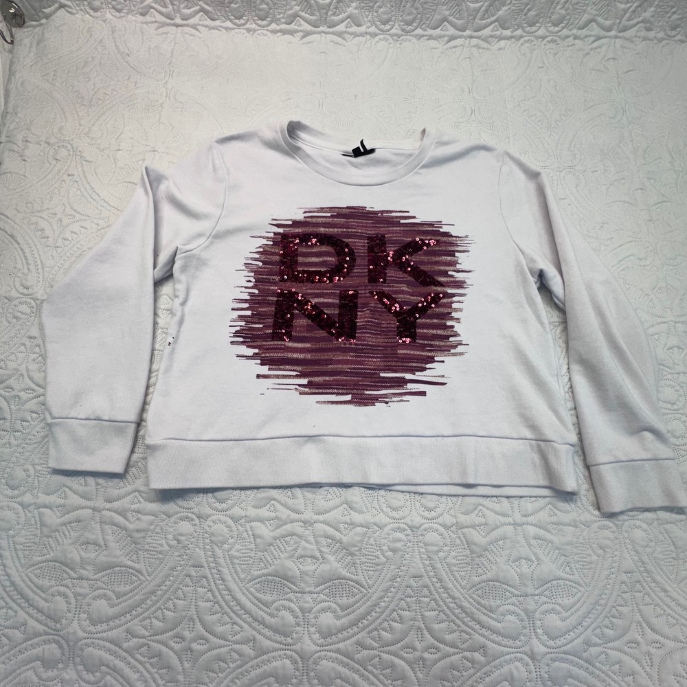 DKNY Womens White Sequin Logo Sweatshirt Pullover Crewneck Large Burgundy Pink